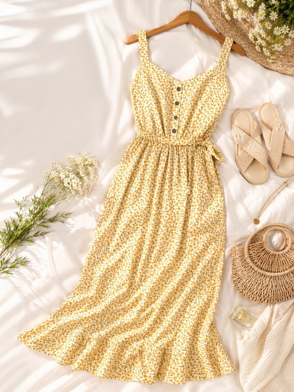 Lulus Yellow Floral Midi Dress Cottagecore Ruffle Hem Summer Sundress Size L
